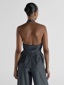 KSTM Pinstripe Halter Vest Top With Deep V-Neck Peplum Hem And Button Front Closure - Tailored Suiting Style Spring Office - Grey - View 5