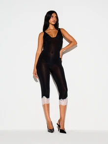 KIZN Sheer Mesh Cropped Jumpsuit With White Lace Trim Detail Scoop Neck Sleeveless Semi Transparent One Piece Party Night Out Catsuit - Black - View 1