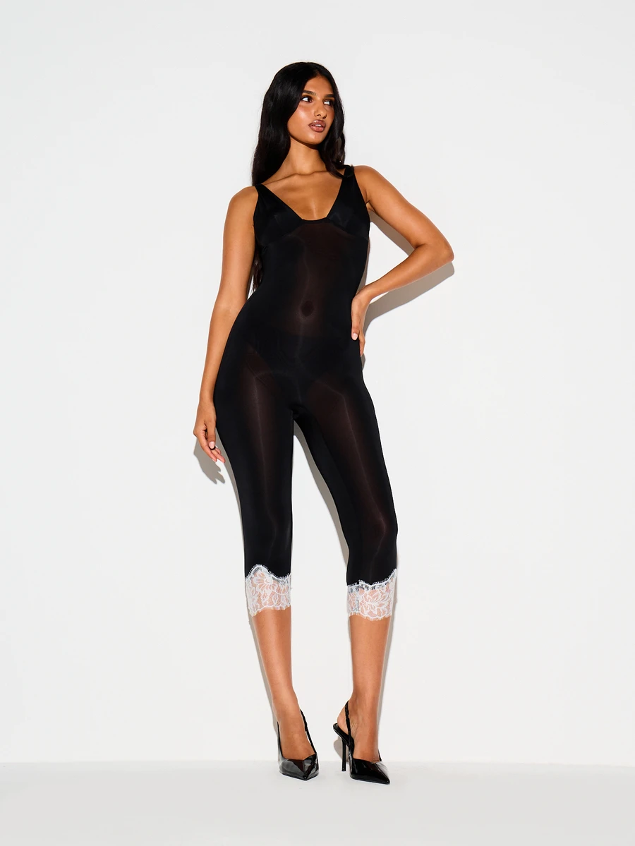 KIZN Sheer Mesh Cropped Jumpsuit With White Lace Trim Detail Scoop Neck Sleeveless Semi Transparent One Piece Party Night Out Catsuit - Black - View 1