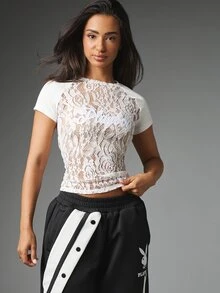 Missguided x Playboy Lace Panel Crop T-Shirt With Embroidered Script Logo Sheer Floral Lace Body Short Sleeve Round Neck Summer Top - White - View 4