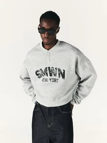 SUMWON New York Oversized Crop Sweatshirt With Henley Neckline Distressed Varsity Chest Print Long Sleeve Pullover Top - Light Grey - View 6