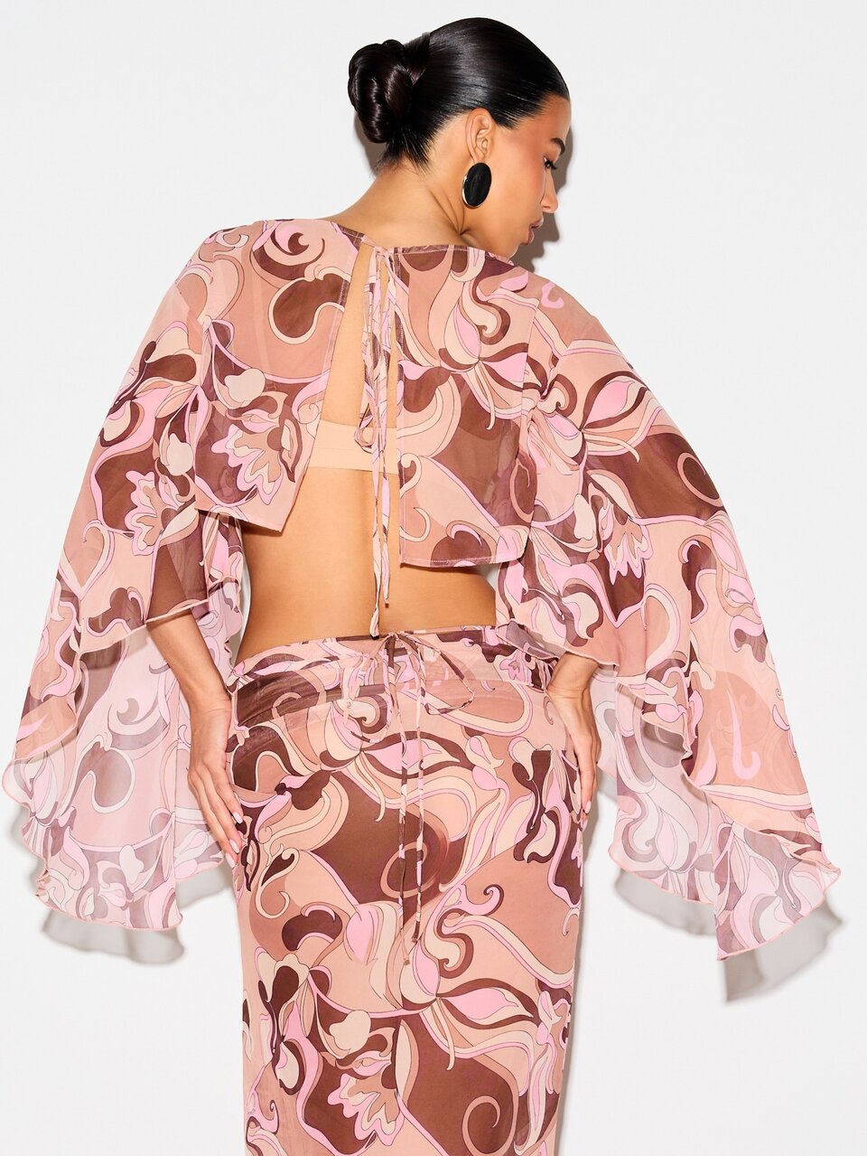 KIZN Sheer Chiffon Crop Blouse With Butterfly Sleeves And Tie Back