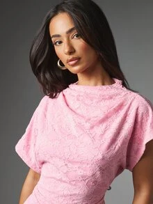 MISSGUIDED Floral Lace Batwing Short Sleeve High Neck Ruched Fitted Blouse Top Spring Party Date Night - Pink - View 2