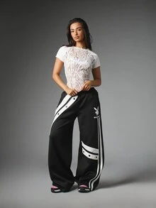 Missguided x Playboy Lace Panel Crop T-Shirt With Embroidered Script Logo Sheer Floral Lace Body Short Sleeve Round Neck Summer Top - White - View 2