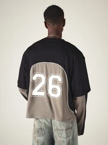 SUMWON Crop Fit Color Block Long Sleeve Oversized Tee With Varsity Number 26 Back Print And Contrast Piping Crew Neck Top - Black - View 5