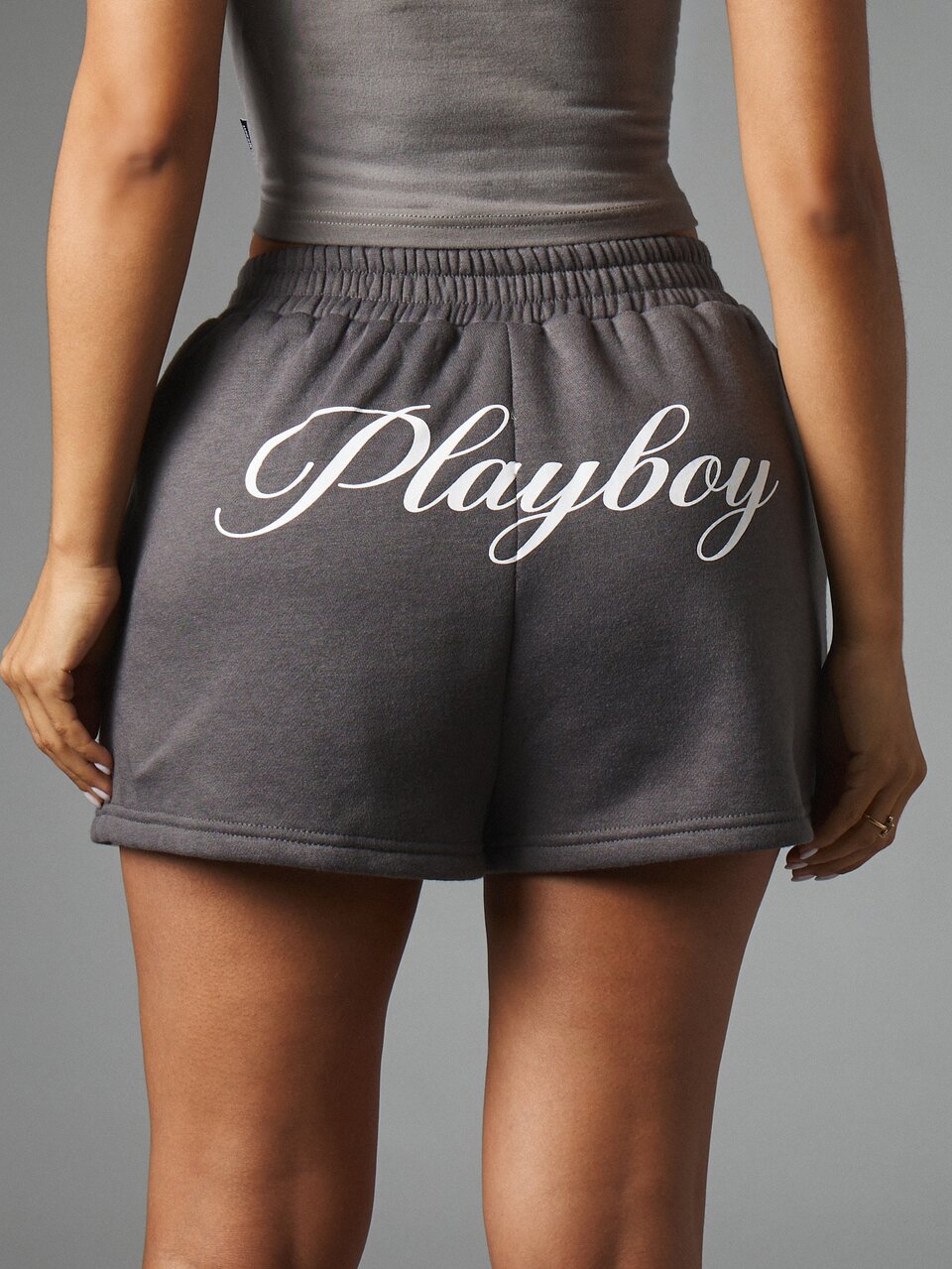 Missguided x Playboy Script Logo Charcoal Fleece Mini Shorts With White Side Stripe Elastic Waist Side Pockets Summer Casual Streetwear
