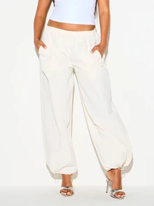 KIZN Wide Leg Parachute Pants With Elastic Waist Side Pockets And Drawstring Ankles Flowy Casual Summer Holiday Trousers - White - View 1
