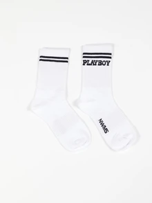 PLAYBOY X SUMWON Kaos Kaki Kru Abu-abu dengan Logo Garis Ganda Gaya Varsity, Manset Berusuk, Gaya Streetwear Retro, Kasual untuk Sehari-hari - MultiWarna - View 2