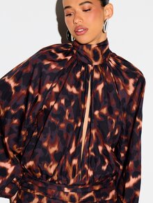 KIZN Abstract Blurred Leopard Print Satin Romper With High Neck Tie Detail Puff Long Sleeves Elastic Waist And Ruffled Mini Shorts Fall Party - Brown - View 5