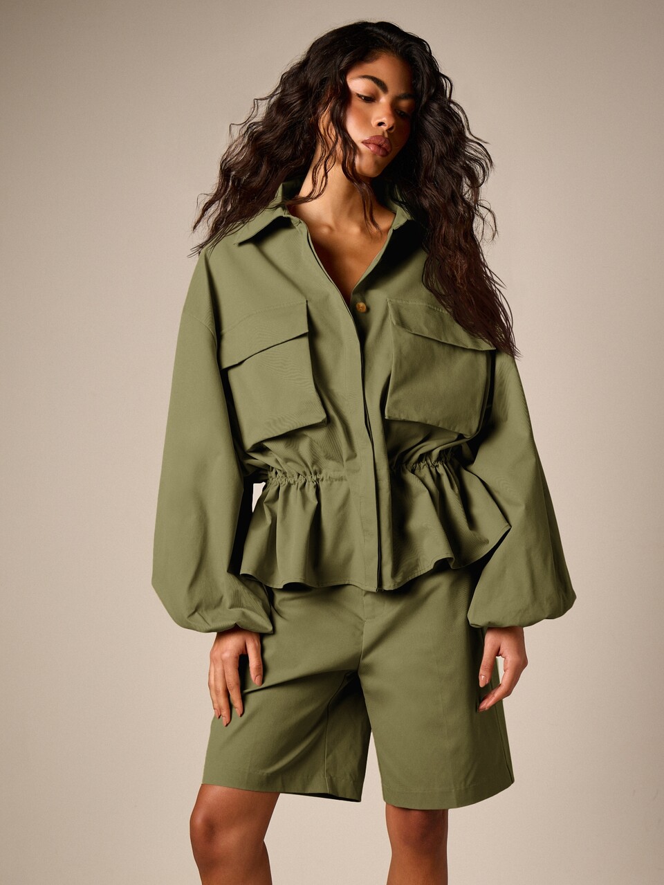 AiiRZ Oversized Cargo Jacket With Elasticated Waist Balloon Sleeves Dual Flap Chest Pockets Button Front Safari Utility Style