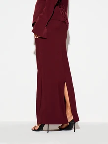 KIZN Bodycon Maxi Skirt With Side Split Mid Rise Smooth Knit Floor Length Pencil Silhouette Fall Winter Evening Party - Burgundy - View 3