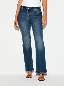 KIZN Dark Wash Bootcut Jeans Mid Rise Full Length Five Pocket Classic Denim Flare Hem Everyday Casual Fall Winter Style - Blue - View 1