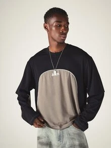 SUMWON Crop Fit Color Block Long Sleeve Oversized Tee With Varsity Number 26 Back Print And Contrast Piping Crew Neck Top - Black - View 2