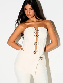 KIZN Structured Strapless Corset Top With Metal Hook And Eye Closure Detail Cut Out Waist Boning Panel Design Party Night Out - Apricot - View 1