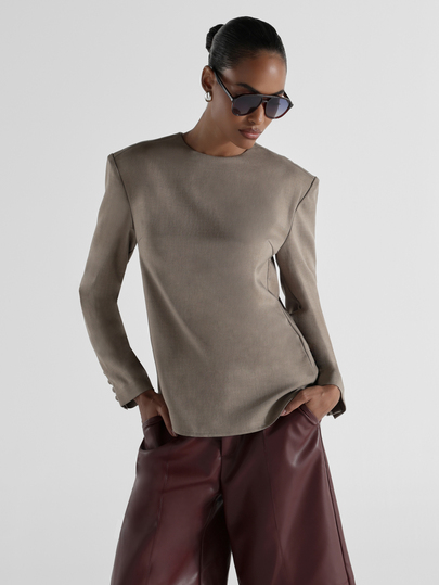 KSTM Structured Shoulder Long Sleeve Crew Neck Fitted Blouse Tailored Silhouette Woven Top Fall Winter Elegant Office Wear