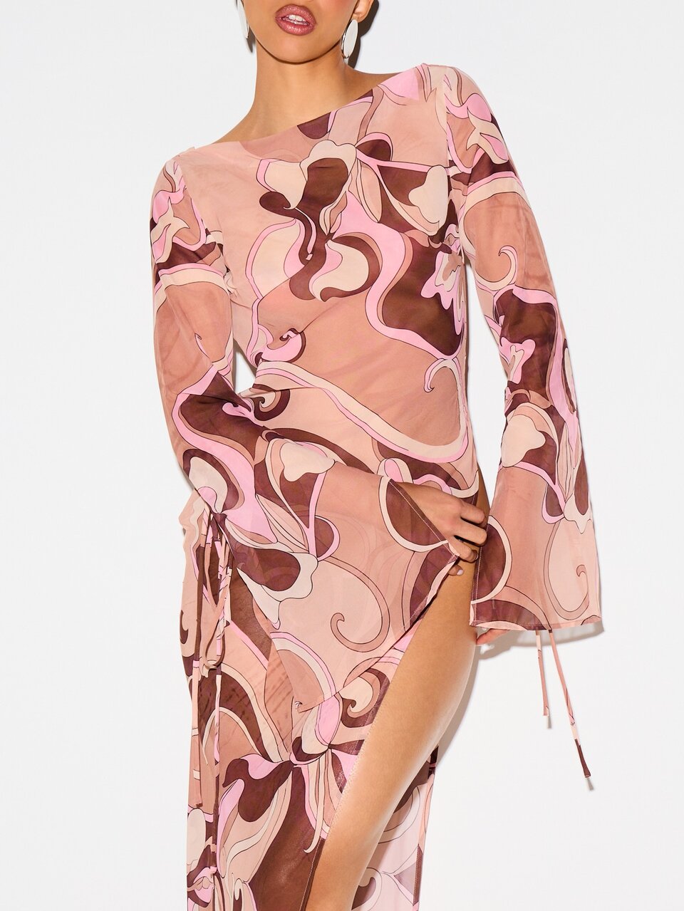 KIZN Swirl Print Chiffon Maxi Dress With Bell Sleeves