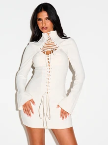 KIZN Lace-Up Front Mini Dress With High Neck Bell Long Sleeves Metal Eyelets Corset Style Party Night Out Winter Holiday - Apricot - View 4