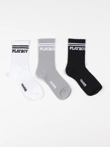 PLAYBOY X SUMWON Kaos Kaki Kru Abu-abu dengan Logo Garis Ganda Gaya Varsity, Manset Berusuk, Gaya Streetwear Retro, Kasual untuk Sehari-hari - MultiWarna - View 1