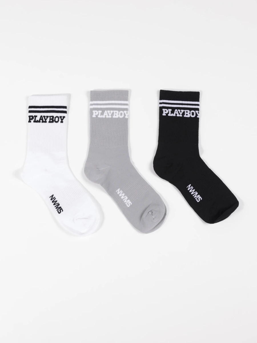 PLAYBOY X SUMWON Kaos Kaki Kru Abu-abu dengan Logo Garis Ganda Gaya Varsity, Manset Berusuk, Gaya Streetwear Retro, Kasual untuk Sehari-hari - MultiWarna - View 1