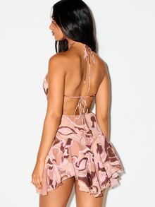 KIZN Halter Neck Mini Dress With Side Cut-Out Waist Ruffle Hem And Swirl Print Chiffon Flowy Fit And Flare Summer Party Style - Pink - View 2