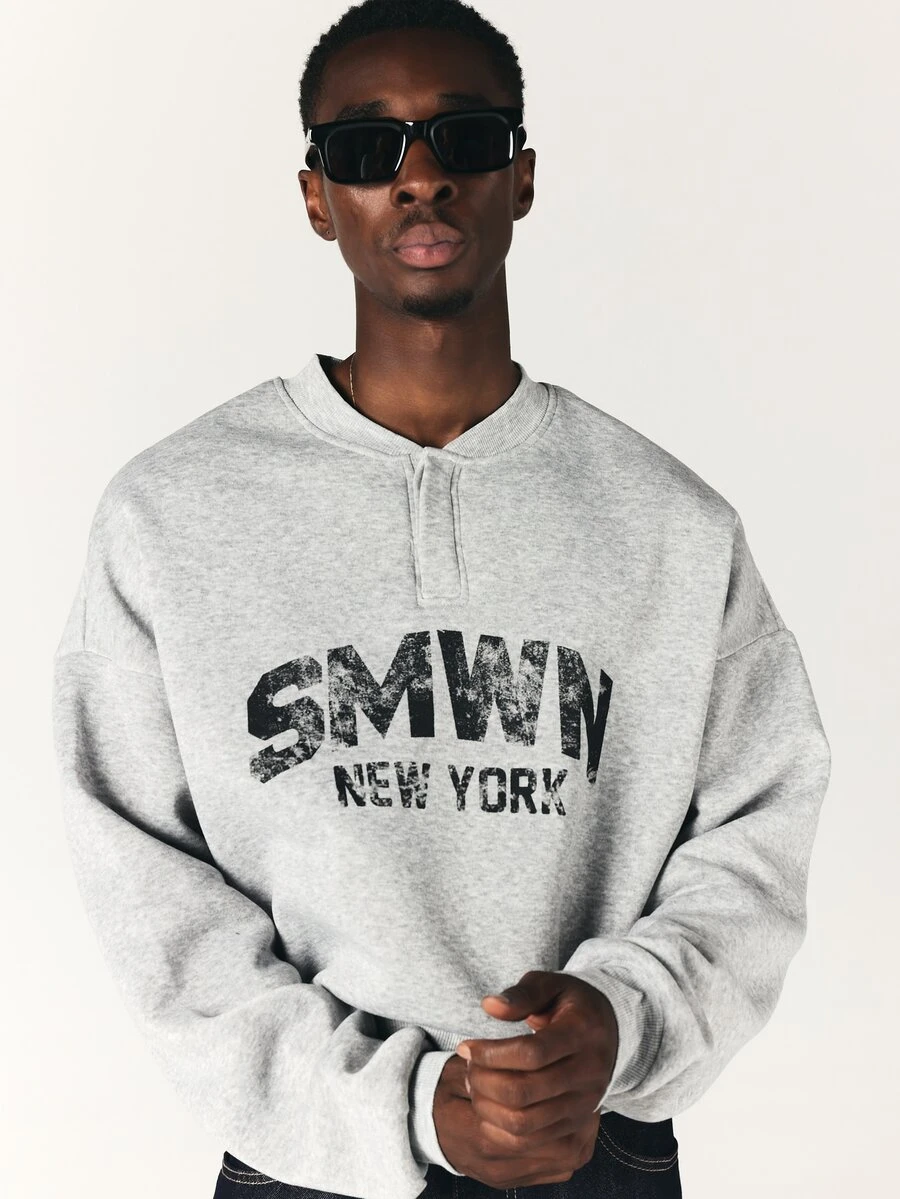 SUMWON New York Oversized Crop Sweatshirt With Henley Neckline Distressed Varsity Chest Print Long Sleeve Pullover Top - Light Grey - View 1