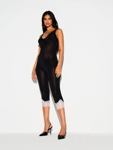 KIZN Sheer Mesh Cropped Jumpsuit With White Lace Trim Detail Scoop Neck Sleeveless Semi Transparent One Piece Party Night Out Catsuit - Black - View 3