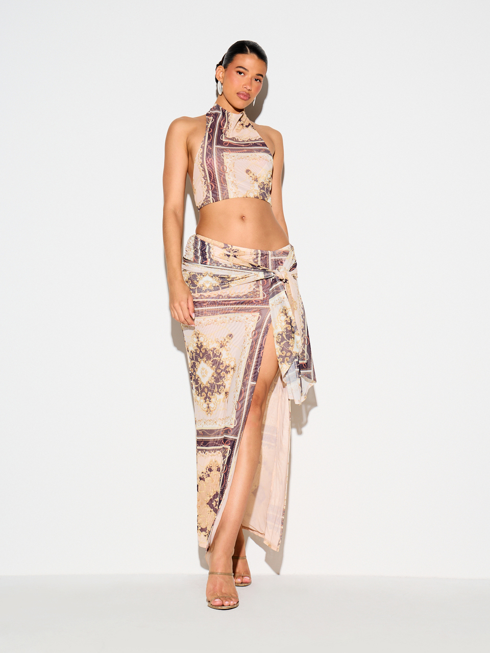 KIZN Baroque Print Maxi Skirt With Tie Knot And Side Split