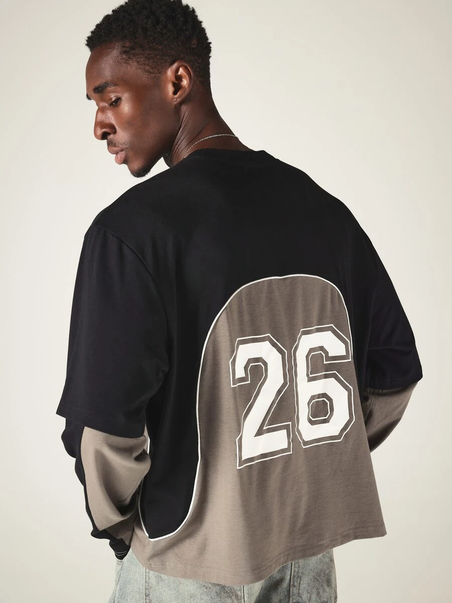 SUMWON Crop Fit Color Block Long Sleeve Oversized Tee With Varsity Number 26 Back Print And Contrast Piping Crew Neck Top - Black - View 1
