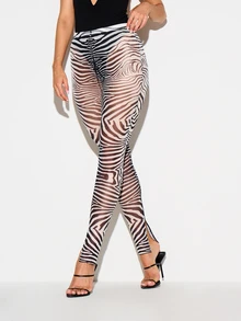 KIZN Zebra Print Sheer Mesh High Rise Leggings With Front Split Hem And Skinny Full Length Leg Style - Black - View 4