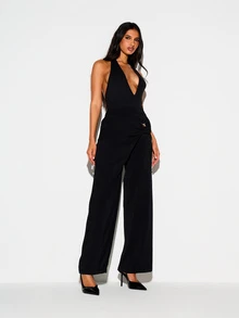 KIZN Wide Leg Wrap Front High Rise Dress Pants With Gold Hardware Detail And Side Pockets For Evening Party And Holiday Occasions - Black - View 4