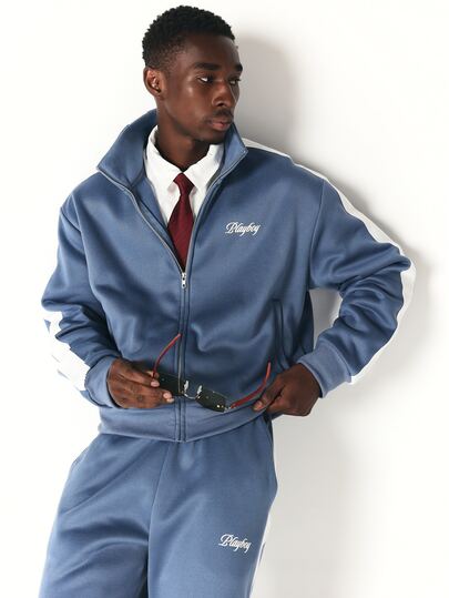PLAYBOY X SUMWON Script Embroidery Full Zip Track Jacket With Contrast White Side Stripe Panels And Mandarin Collar Casual Streetwear