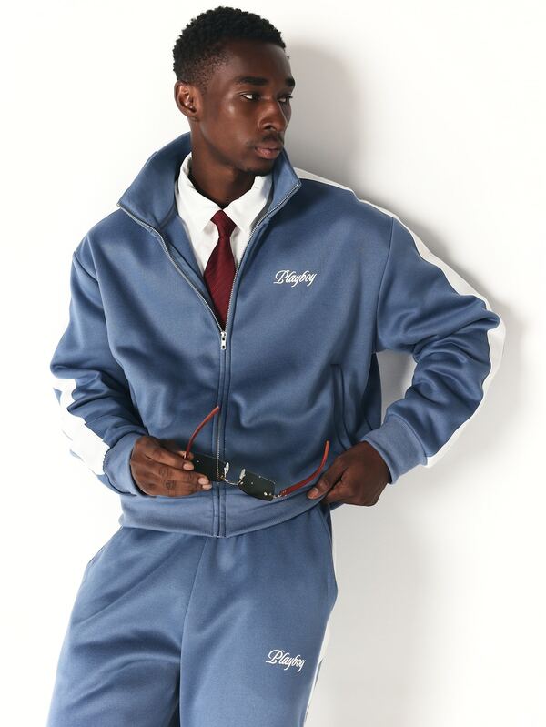 PLAYBOY X SUMWON Script Embroidery Full Zip Track Jacket With Contrast White Side Stripe Panels And Mandarin Collar Casual Streetwear