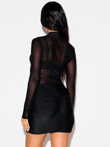 KIZN Black Mesh Long Sleeve Mini Dress With Floral Embroidery Applique High Neck Ruched Bodycon Party Night Out Holiday - Black - View 2