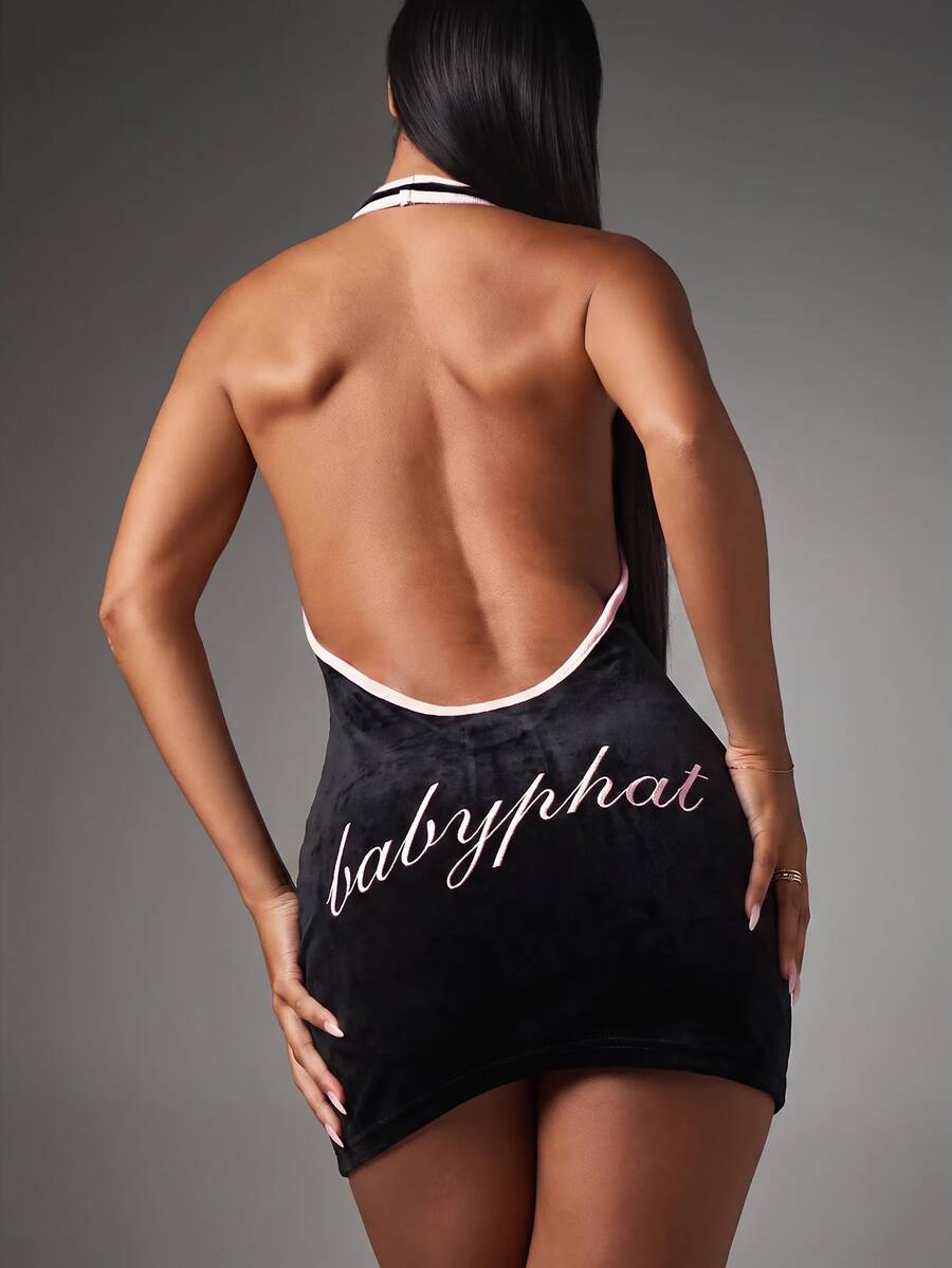 BABYPHAT Velvet Halter Mini Dress With Open Back And Pink Contrast Trim Logo Script Detail Party Night Out - Black - View 1