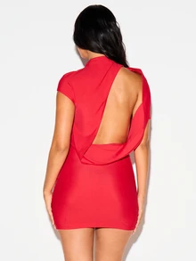 KIZN Red Backless Mini Dress With High Neck Open Back Draped Overlay Short Sleeve Bodycon Silhouette Night Out Party Holiday - Red - View 2