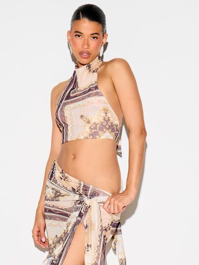 KIZN Baroque Scarf Print Halter Neck Crop Top Backless Tie Back Bralette Summer Festival Holiday Beach Vacation Style