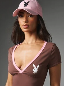 Missguided x Playboy Bunny Logo V-Neck Short Sleeve Fitted Top With Pink Contrast Trim Detail Summer Festival Style - Grey - View 5