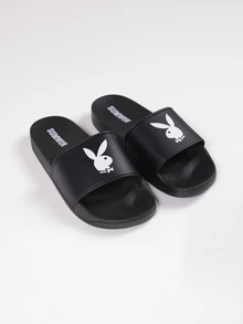 PLAYBOY X SUMWON Sandal Selop Logo Kelinci, Sandal Datar Ujung Terbuka, Tali Tunggal, Sandal Musim Panas untuk Pantai dan Kolam Renang - Hitam - View 1