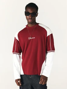 SUMWON Team 09 Color Block Oversized Long Sleeve Crew Neck Jersey Top With Contrast Piping And Varsity Back Print - Burgundy - View 2