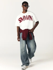 SUMWON Club Oversized Crew Neck Short Sleeve Graphic Logo Print T-Shirt Casual Streetwear Summer Essential - White - View 3