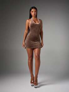 BABYPHAT Velour Halter Mini Dress With Open Back And Pink Contrast Trim Embroidered Logo Bodycon Fit - Chocolate Brown - View 3