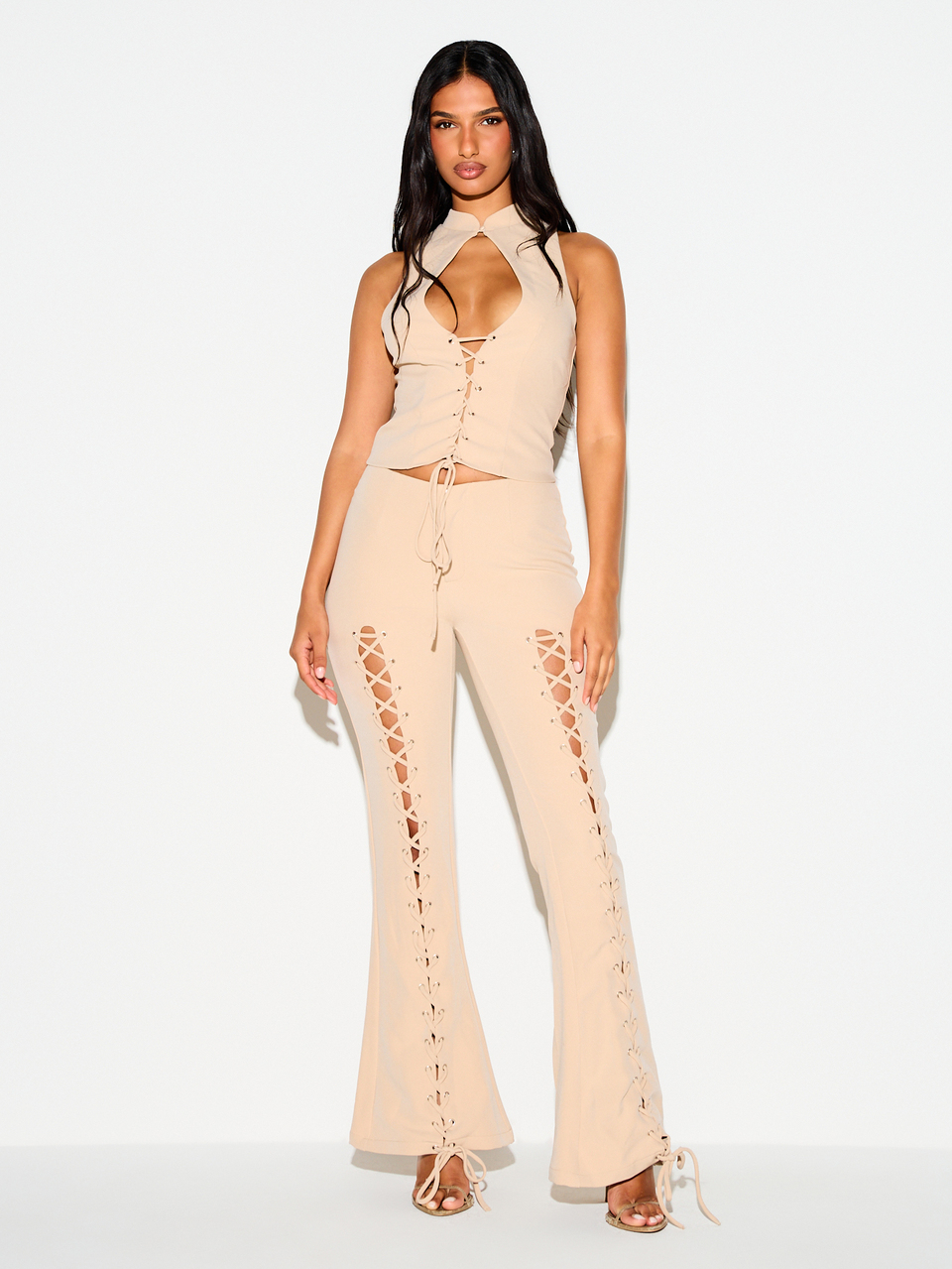 KIZN Schnür-Halterneck-Korsett-Crop-Top mit Cut-Out
