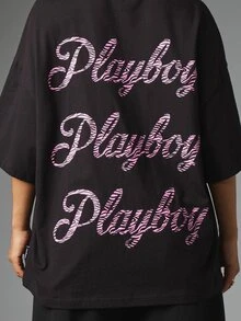 Missguided x Playboy Oversized Crew Neck T-Shirt With Pink Zebra Print Bunny Logo And Repeat Script Back Graphic Summer Casual Tee - Black - View 5