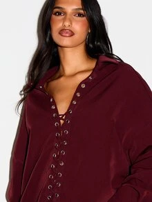 KIZN Oversized Lace-Up Front Collared Shirt With Metal Eyelets Long Sleeve Drop Shoulder Longline Top Fall Winter Essential - Red - View 5