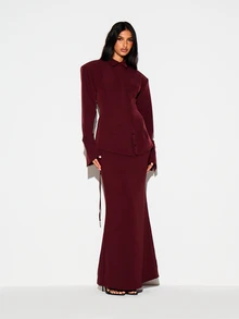 KIZN Bodycon Maxi Skirt With Side Split Mid Rise Smooth Knit Floor Length Pencil Silhouette Fall Winter Evening Party - Burgundy - View 4