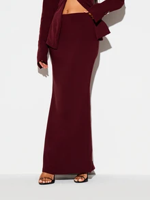KIZN Bodycon Maxi Skirt With Side Split Mid Rise Smooth Knit Floor Length Pencil Silhouette Fall Winter Evening Party - Burgundy - View 1