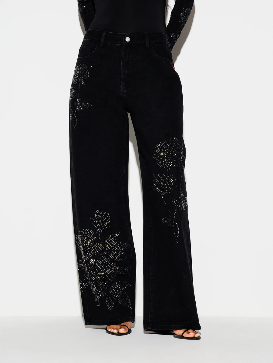 KIZN High Rise Wide Leg Black Denim Jeans With Rhinestone Floral Rose Crystal Embellishment Full Length Palazzo Style Party Festive Evening Statement Pants - Black - View 1