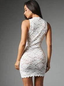 MISSGUIDED Floral Lace Bodycon Mini Dress With High Neck Keyhole Cut-Out Sleeveless Scallop Hem Party Summer Wedding Guest - Beige - View 3