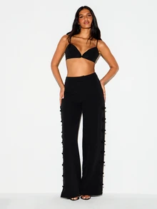 KIZN Wide Leg High Rise Dress Pants With Oriental Frog Button Side Detail And Split Hem For Evening Party Holiday Occasion - Black - View 3