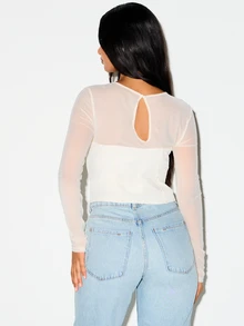 KIZN Mesh Long Sleeve Corset Top With Lace-Up Front Detail Sweetheart Boning Keyhole Back Cut-Out Spring Night Out Party - Beige - View 2